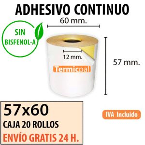 20 Rollos Papel Térmico 57x60 Adhesivo