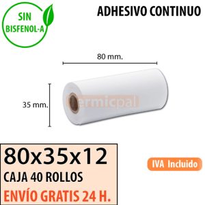 40 Rollos Papel Térmico 80X35 Adhesivo Continuo