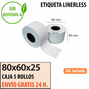 80X60X25 - 5 Rollos Etiquetas LINERLESS