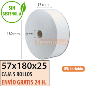 5 rollos papel termico 57x180x25