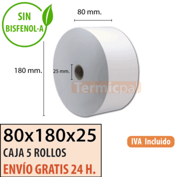 5 rollos papel termico 80x180x25