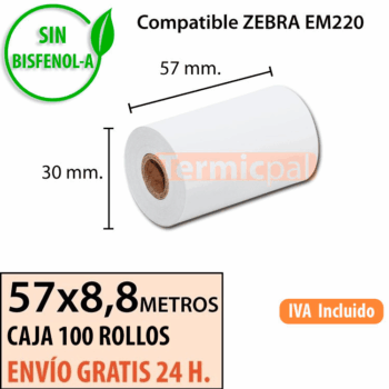 100 Rollos Térmicos 57 mm x 8.8m. Para ZEBRA EM220﻿ - *57x30x12*