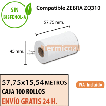 100 rollos maquina zebra 57.75x15.54