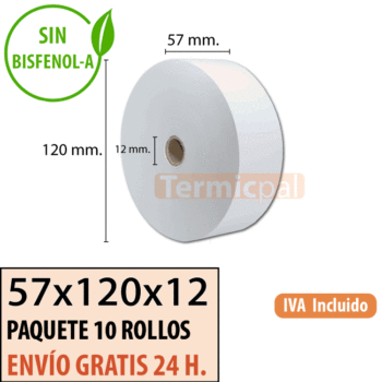 10 rollos papel termico 57x120x12