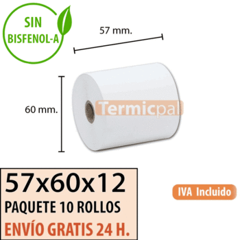 10 rollos papel termico 57x60