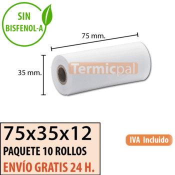 10 rollos papel termico 75x35