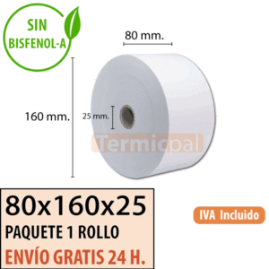1 rollo papel termico 80x160x25