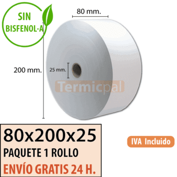 1 rollo papel termico 80x200x25